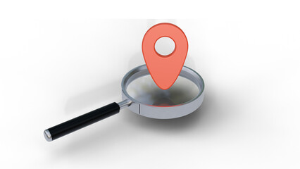 Fototapete - 3d location on magnifying glass with pointer sign on isolated background. Magnifying glass searching for location or travel coordinates. 3d illustration.