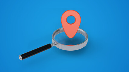 Fototapete - 3d location on magnifying glass with pointer sign on blue background. Magnifying glass searching for location or travel coordinates. 3d illustration.
