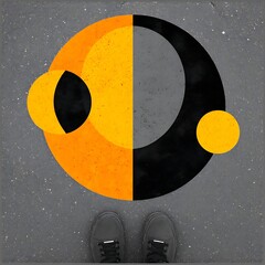 Poster - Geometric Abstract Art on Ground with Shoes Posing A Striking Visual Composition and Graphic Design.