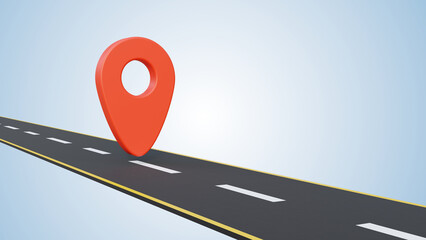 Fototapete - Road with locaiton pin on soft blue background. Navigation concept. Route, road, location icon. Highway road with red pin 3d illustration. Banner template for gps or navigation.
