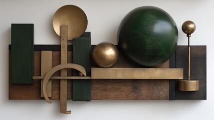 Poster - Geometric Arrangement Sculpture with Wood Metal and Spheres Creates Visual Harmony and Balanced Composition.