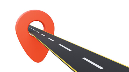 Fototapete - Road with locaiton pin isolated on background. Navigation concept. Route, road, location icon. Highway road with red pin 3d illustration. Banner template for gps or navigation.