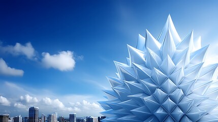 Poster - Geometric Crystal Structure Art with Cityscape on Sunny Day Blue Skies and Scattered Clouds View.