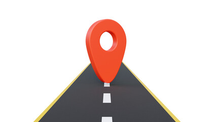 Fototapete - Road with locaiton pin isolated on background. Navigation concept. Route, road, location icon. Highway road with red pin 3d illustration. Banner template for gps or navigation.