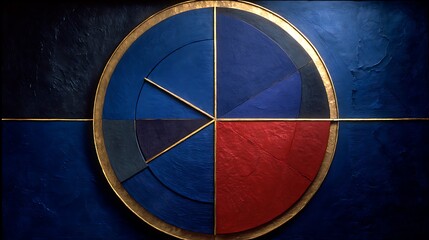 Poster - Geometric Harmony Circular Design with Textured Surfaces and Angular Divisions in Blue and Red Palette.