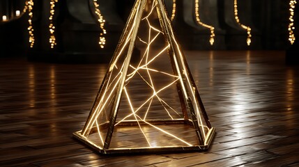 Poster - Geometric Pyramidal Structure with Illuminating Internal Light Source on Wood Floor Surface.