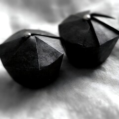 Poster - geometric shapes in muted tones abstract composition of two polyhedral objects in simple setting.
