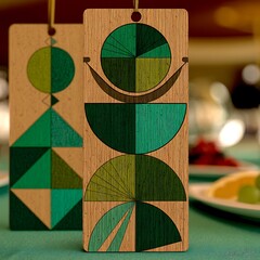 Poster - geometric wooden ornaments two tags minimalist modern art decor graphic table setting.