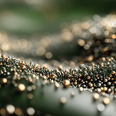 Poster - glistening orbs of gold and graphite cascade on a subtly textured surface artistic presentation.