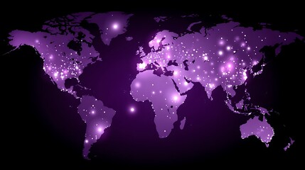 Poster - Global Connections Purple World Map Communication Network Abstract Design Worldwide Digital Landscape.