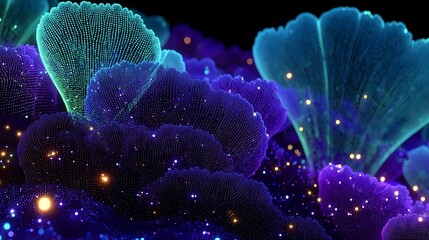 Poster - Glowing Abstract Coral Reef with Bioluminescent Flora and Fauna Depths Surreal Dreamscape