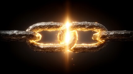 Poster - glowing chain link connection with light streaks against dark backdrop represents strength and unity