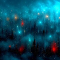 Poster - Glowing Cityscape with Towering Structures in a Futuristic Style Displaying Ethereal Lighting.