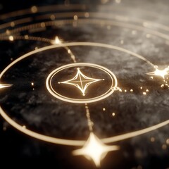 Poster - golden circular astral design with stars and ornate pattern emitting faint light on rough surface