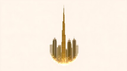 Poster - Golden Cityscape Silhouette on Neutral Background Featuring Towering Structure and Golden Sparkle Elements.