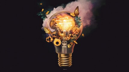 Poster - Creative illustration of a bulb with clockwork gears turning inside