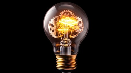 Poster - Mechanical lightbulb glowing from inside with visible interlocking metal gears