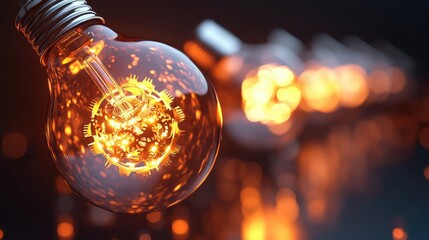 Poster - Mechanical lightbulb glowing from inside with visible interlocking metal gears