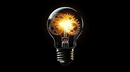 Poster - Mechanical lightbulb glowing from inside with visible interlocking metal gears