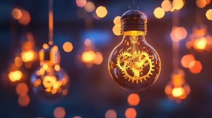 Poster - Mechanical lightbulb glowing from inside with visible interlocking metal gears