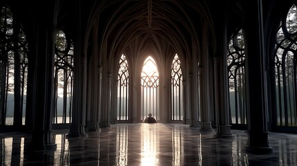 Poster - Gothic Architecture Interior Hallway with Arches Columns and Ornate Window Openings and Reflected Light.