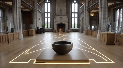 Poster - Grand Hall Interior Featuring Modern Art Installation with Glowing Lines and a Central Stone Vessel