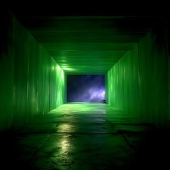 Poster - Green Tunnel Perspective with Distant Chair Under Ethereal Sky Creates a Sense of Isolation