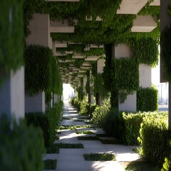 Poster - Green Trellis Pathway with Square Columns in Architectural Oasis Serene Urban Landscaping Design.