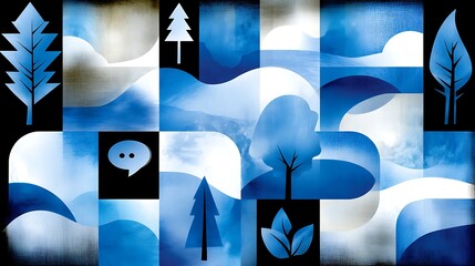 Poster - Harmonious Geometric Landscape of Nature with Trees and Clouds Graphic Art in Square Tile Pattern