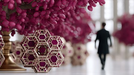 Poster - Hexagonal Structures with Floral Accent and Silhouette of a Person Walking in an Abstract Space.