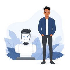 Poster - Human And Robot Standing Together Technology Concept Illustration Digital Art Generation 2024.