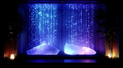 Poster - Illuminated Crystal Sculptures Under an Enchanting Blue Waterfall of Light Installation Art