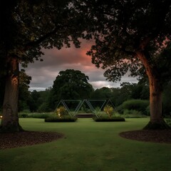 Poster - Illuminated Geometric Garden Structures at Twilight Serenity Outdoors Art Installation