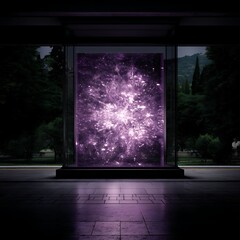Poster - Illuminated Glass Enclosure Showcasing Abstract Celestial Display Amidst Verdant Greenery Scenery