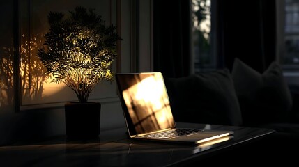 Poster - Illuminated Laptop Display Next to Potted Plant Creates Serene and Focused Work Environment