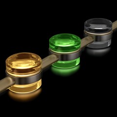 Poster - illuminated stacked transparent discs connected by metallic rods on dark background artistic display