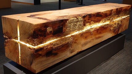 Poster - Illuminated Wood Log Sculpture on Gray Plinth Showing Interlocking Grain and Glowing Light Feature.