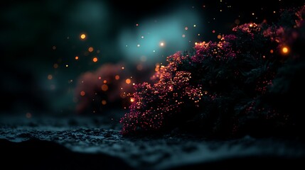 Poster - Illuminated Woodland Night Glow Flora with Bokeh and Glitter Accents for Atmospheric Dreamscape.