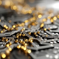 Poster - Intricate Circuit Board with Golden Connections Abstract Technological Illustration Background.