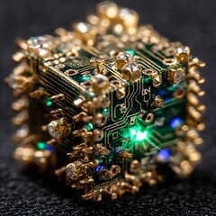 Poster - Intricate Circuit Board Cube with Golden Accents and Glowing Green Light Emitting Diode Detail
