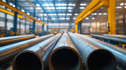 Fototapete - Brightly lit industrial warehouse showcasing metal pipes Generative AI