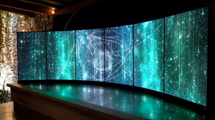 Poster - Large Screen Displaying Particle Physics Data for Scientific Visualization in Research Facility.