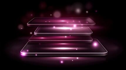 Poster - layered display platform with a vibrant pink hue and abstract design elements in a dark setting.