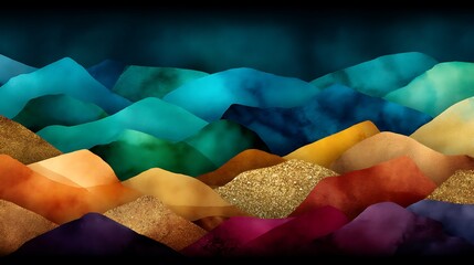Poster - layered mountainscape abstract painting in deep teal and golden hue decorative artwork imagery.