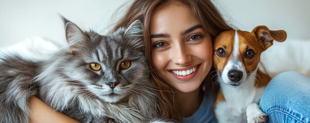smiling woman embraces her pet dog and cat with joy in a cozy setting