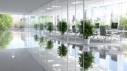 Poster - Light Filled Office with Glass Dividers Plants and Desks Reflecting on High Gloss Tiled Floor.