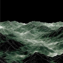 Poster - low poly landscape wireframe digital design of mountainous terrain with green hues on black backdrop