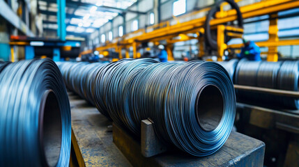 Fototapete - Vibrant close-up view of industrial wire coils in facility Generative AI
