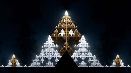 Poster - luminous fractal triangles in abstract composition exploring golden and silver tones against dark ba