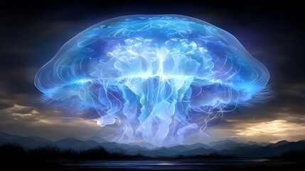 Poster - Luminous Jellyfish Over Serene Landscape A Visionary Aquatic Spectacle Amidst Twilight Glow Radiance.